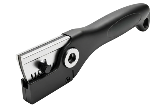 Silver handheld glass scraper tool with ergonomic plastic handle isolated on a transparent background