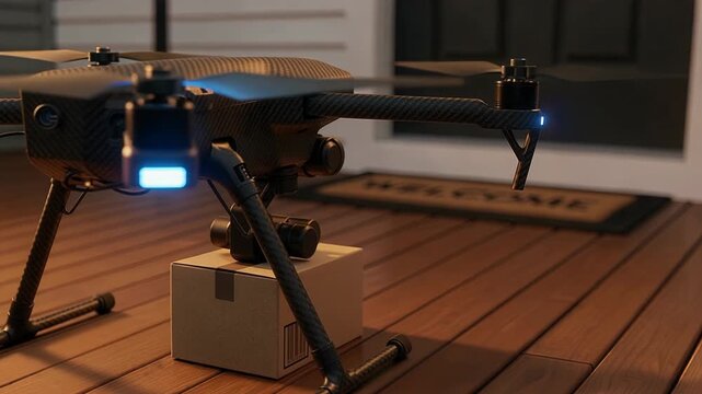 Precision drone carefully delivering package to residential address with automated placement system demonstrating modern logistics technology