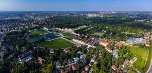 Aerial panorama view around the capital city Munich in Germany on a sunny summer day.