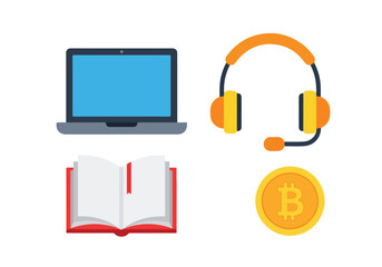 Colorful flat icon set for online business learning and cryptocurrency featuring a laptop headset book and bitcoin.