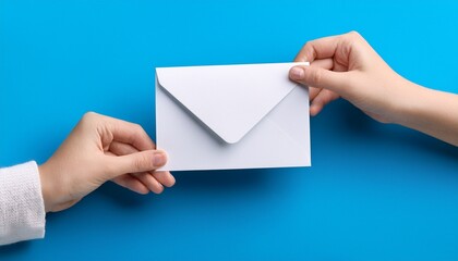 Fototapeta premium two hands holding envelope on blue background conveying message or invitation