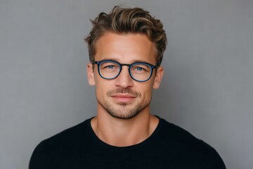 Obraz premium Confident man showcasing modern style with vibrant blue glasses and casual black t-shirt against neutral background exuding charm and approachability in a contemporary portrait setting