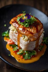 An exquisite gourmet dish featuring a perfectly pan-seared chicken or fish fillet atop a bed of rice, artfully presented with a vibrant sauce and delicate garnishes