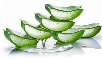 aloe vera sliced with gel dripping isolated on white background