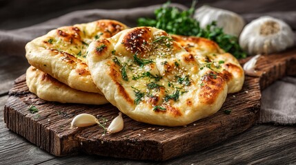 Freshly baked golden garlic naan bread with herbs, perfectly crisp and soft, resting on a rustic wooden cutting board with scattered garlic cloves and green herbs