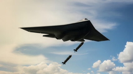 B-2 Spirit stealth bomber releasing bombs from high altitude, demonstrating advanced military aviation, stealth technology, and precision strike capabilities.