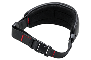 Black ergonomic padded support belt with a plastic buckle isolated on a transparent background