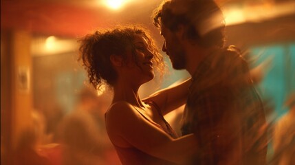 Intimate dance moment captured in warm, golden light with silhouetted figures embracing closely in a dimly lit, atmospheric setting