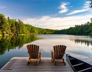 two adirondack chairs on a lakeside dock overlooking a serene lake lush trees and a canoe