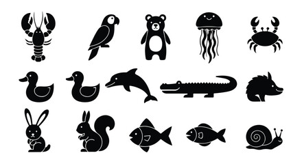 Obraz premium Cute Black Silhouette Animal Icons Set.
