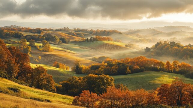 A dreamy landscape of rolling hills covered in autumn trees 
