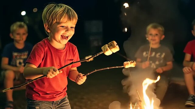 Joyful child roasting marshmallows over a campfire at night with friends enjoying the moment