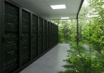 Photo of a server room with a view of lush greenery promotes sustainable technology