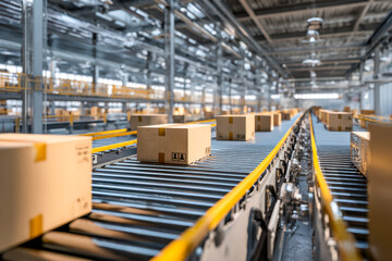 Automated conveyor system transporting packages in a modern warehouse