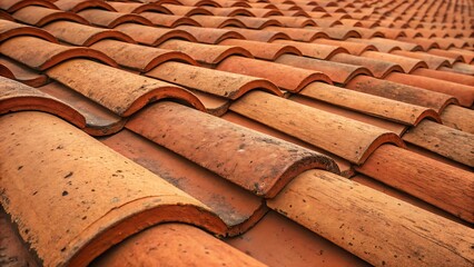 Terracotta Roof Tiles Texture: Close-up Perspective of Aged, Durable Roofing Material for Home Improvement and Architectural Design.