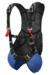 Modern skydiving parachute harness and rig with metal buckles isolated on a transparent background