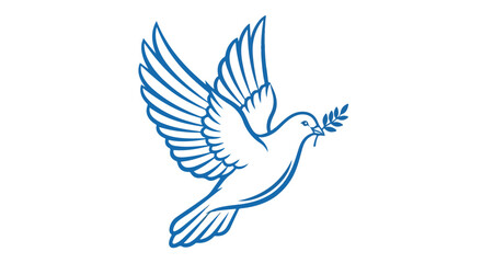 Elegant blue line art of a white dove in flight carrying a symbolic olive branch.