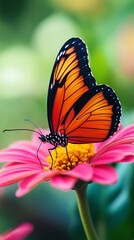 Obraz premium Vibrant monarch butterfly perched delicately on a bright pink zinnia flower, showcasing stunning orange and black wing patterns against a soft, blurred green background.