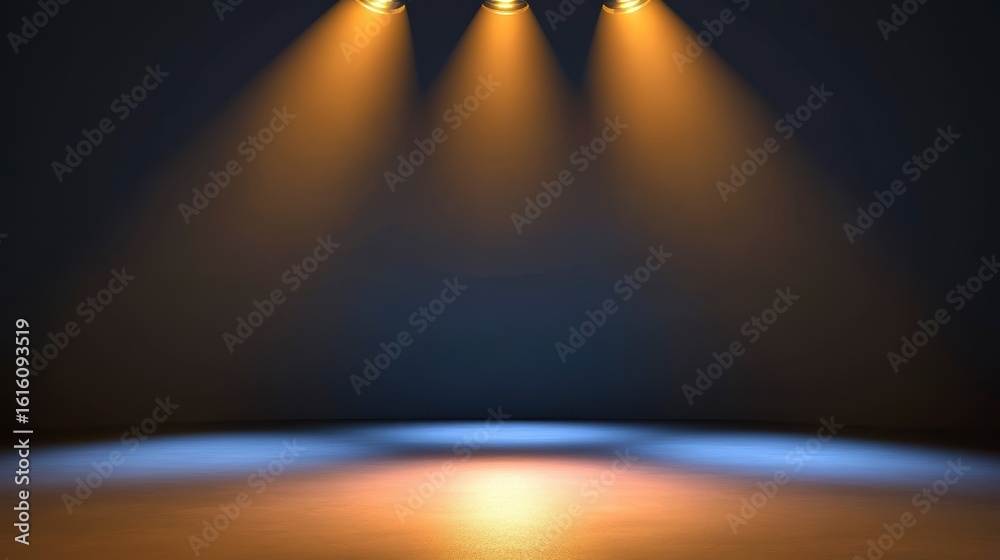 Canvas Prints three spotlights illuminate a dark stage with a subtle glow on the floor.