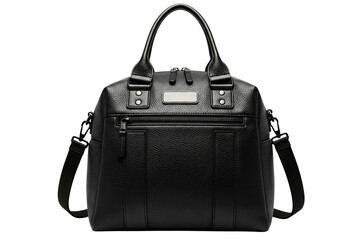 Black pebbled leather handbag with handles and a shoulder strap isolated on a transparent background
