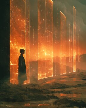A person stands before glowing geometric portals in an alien landscape