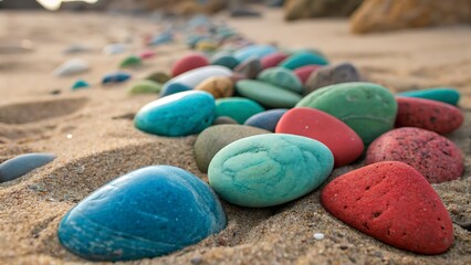 Colorful Beach Pebbles: Vibrant Assortment of Smooth Stones on Sandy Shoreline, a Close-Up Perspective.