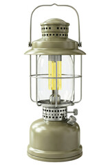 Portable camping lantern with a protective wire guard isolated on a transparent background