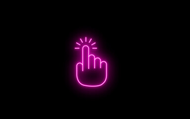 Neon glowing Hand cursor pointer icon on black background. Clicking finger. Computer mouse click symbol. Press or select button. Hand cursor background. Neon Click with hand cursor icon