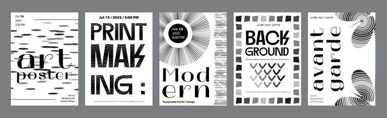 Abstract modern monochrome poster template. Banner set layouts with dynamic dots texture, bold typescript, lines round sun shape, halftone ornament. Black and white covers design. Vector illustration.