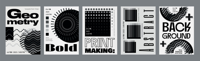 Abstract modern monochrome poster template. Banner set layouts with dynamic dots waves, halftone circle and square forms, simple contrast shapes. Black and white covers design. Vector illustration.