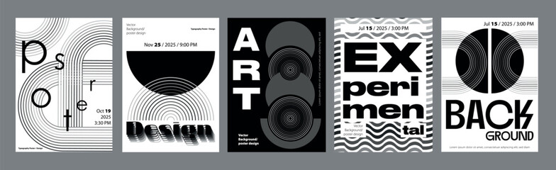 Abstract modern monochrome poster template. Banner set layouts with dynamic line distorted shapes, curved frames, linear circles, waves texture. Black and white covers design. Vector illustration.