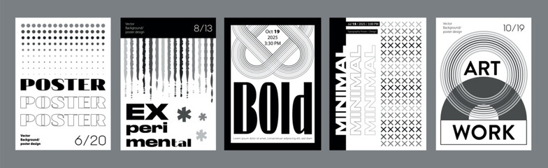 Abstract modern monochrome poster template. Banner set layouts with halftone gradient dots texture, lines frame and rounds, curved wave forms. Black and white covers design. Vector illustration.