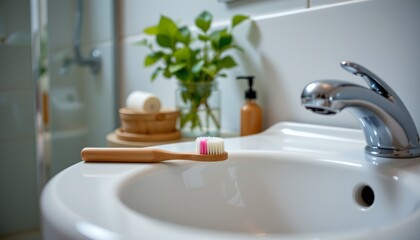 Fototapeta premium a well kept bathroom featuring a modern sink with a wooden toothbrush holder containing toothbrushes