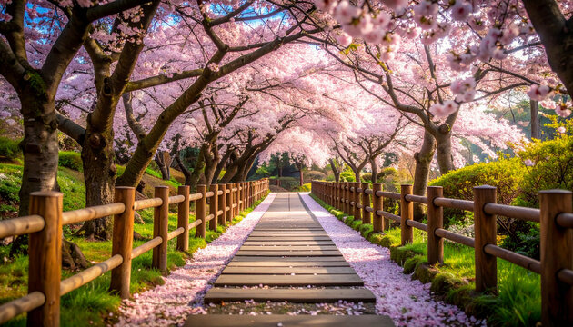 A path in the park filled with the beauty of cherry blossoms (Sakura)