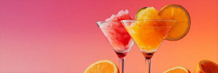 Vibrant summer cocktails with fresh orange slices, showcasing a red and yellow tropical drink against a gradient pink to orange background