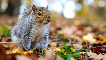 Squirrel walking and looking for food in the forest