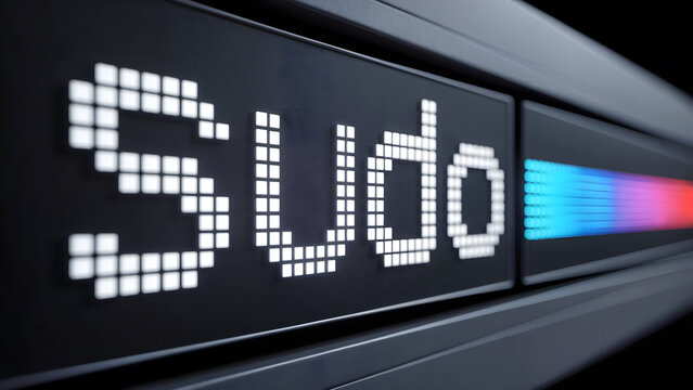 The word "Sudo" in pixelated white text on a futuristic digital display with a vibrant spectrum, ideal for tech and programming themes