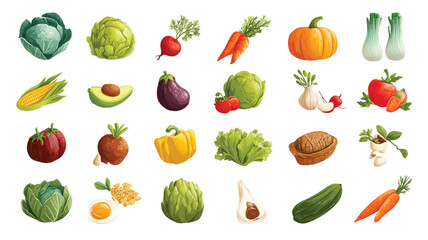 Fototapeta premium A colorful collection of fresh, healthy vegetables including tomato, onion, pepper, cucumber, carrot, pumpkin, and cabbage, perfect for a vegetarian diet