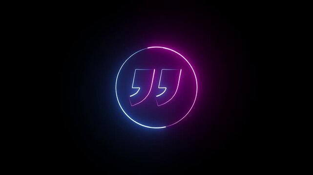 Neon Quotation mark up icon animation on a black background. Concept of callout text template .