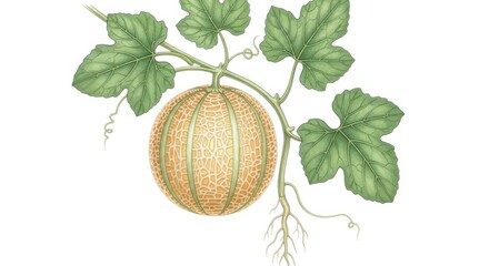 Cantaloupe melon growing on a vine isolated on white background