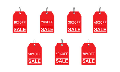 Red sale discount tags with percentage labels – 10% to 70% off promotional offer labels for ecommerce, seasonal sales, shopping events, Black Friday, clearance, and retail advertising

