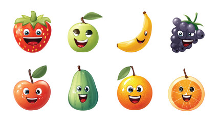 A vibrant cartoon set of isolated healthy fruits and vegetables, including apples, oranges, and strawberries, perfect for a fresh food illustration