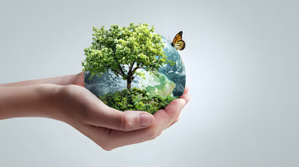 Human hands gently holding a miniature Earth with a flourishing tree and butterfly representing global care and ecological balance