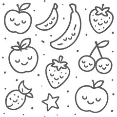 Seamless pattern of cute cartoon fruit icons: apple, pear, strawberry, orange, banana, lemon, cherry, and tomato vector illustration set for a healthy food background design