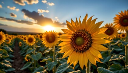 Fototapeta premium a serene sunset at a sunflower field. the field is filled with tall plants, their heads turned towards the setting sun