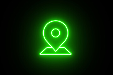 Neon green color GPS and location pin icon on black background. Neon Location and Map Pin Icon. Map Pinpoint Icon. GPS background. Location black background.