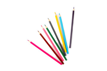 Colored pencils isolated on white background. Equipment for coloring. Stationery for creativity.Back to school. Flatlay. Children's Creativity and Education. Rainbow.