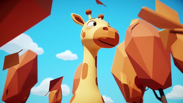 Cartoon Giraffe in a Blue Sky Surrounded by Geometric Trees and Leaves