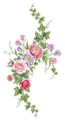 Elegant floral arrangement with roses and greenery isolated on white background