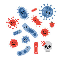 Collection of angry cartoon bacteria viruses and pathogens causing illness and disease